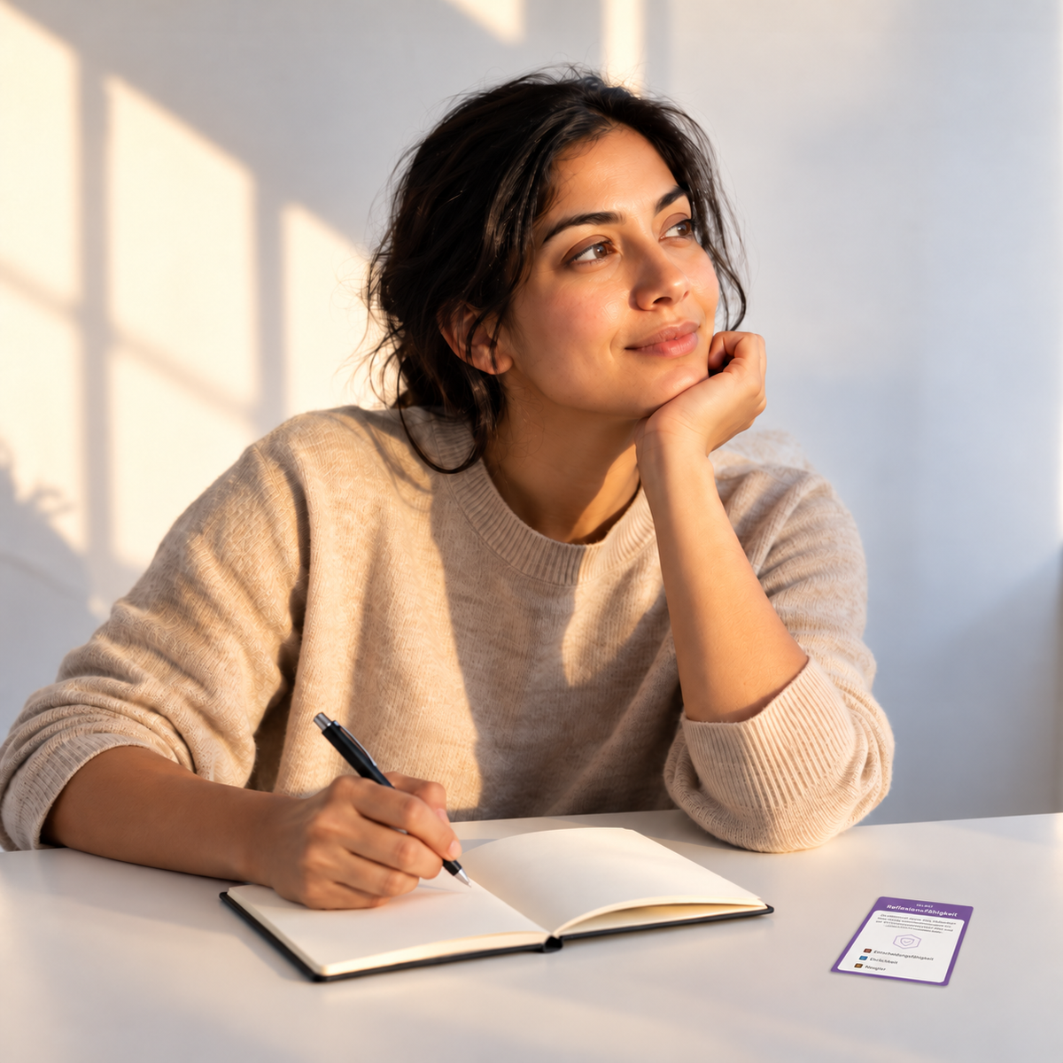 Eine Person sitzt abends allein am Tisch mit Notizbuch und einer Stärkenkarte und denkt über den Tag nach. Eigene Stärken erkennen. Bild vollständig mit KI generiert.