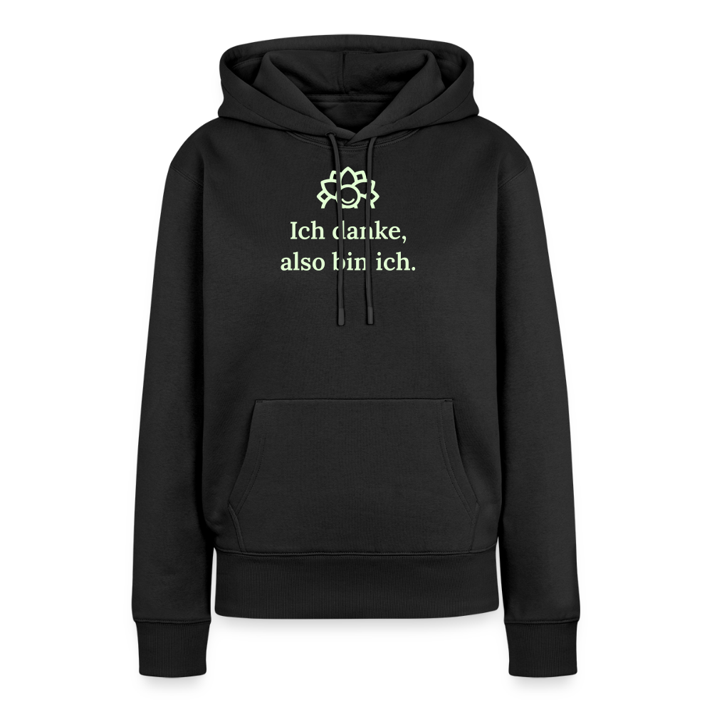 Design-Hoodie „Ich danke, also bin ich“ für Damen aus Bio-Baumwolle, leuchtende Farbe: schwarz – Dankfabrik.