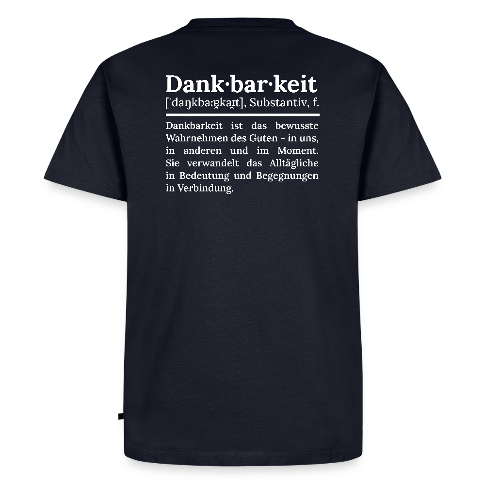 Design T-Shirt „Dankbarkeit“ für Herren aus Bio-Baumwolle, Farbe: navy-blau – Dankfabrik.