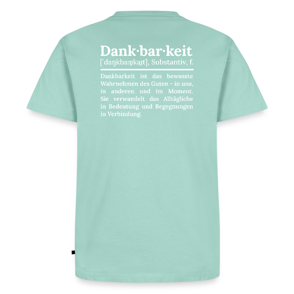 Design T-Shirt „Dankbarkeit“ für Herren aus Bio-Baumwolle, Farbe: türkis – Dankfabrik.
