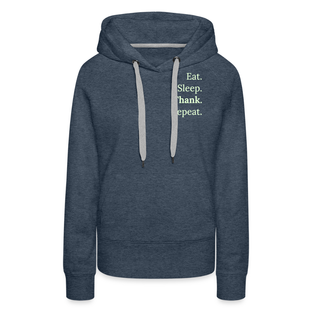 Design-Hoodie „Eat. Sleep. Thank. Repeat.“ für Damen aus Bio-Baumwolle, Farbe: blau - Dankfabrik.