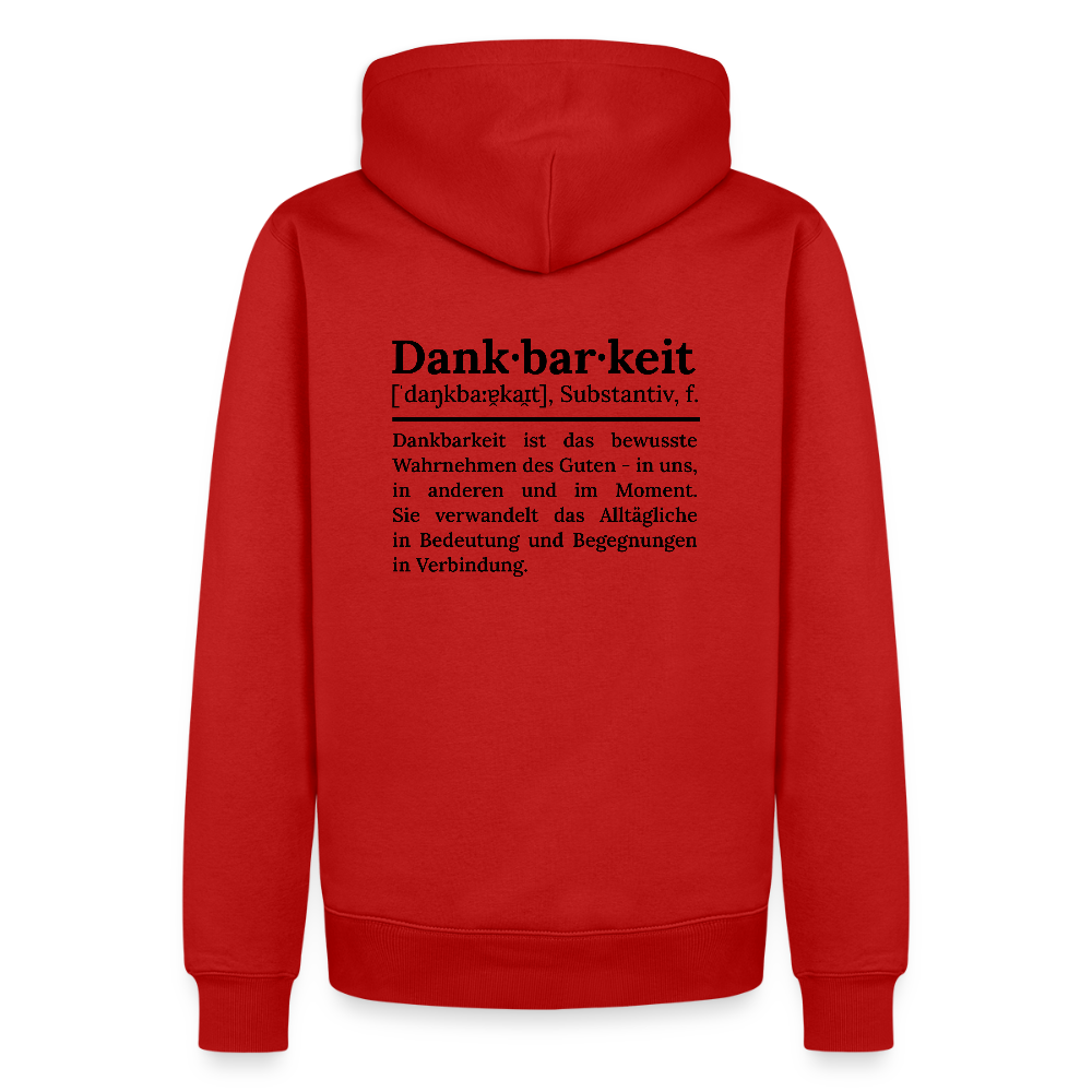 Design-Hoodie „Dankbarkeit“ für Herren aus Bio-Baumwolle, Farbe: rot – Dankfabrik.