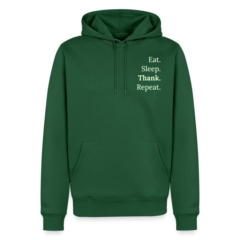 Design-Hoodie „Eat. Sleep. Thank. Repeat.“ für Herren aus Bio-Baumwolle, Farbe: grün - Dankfabrik.