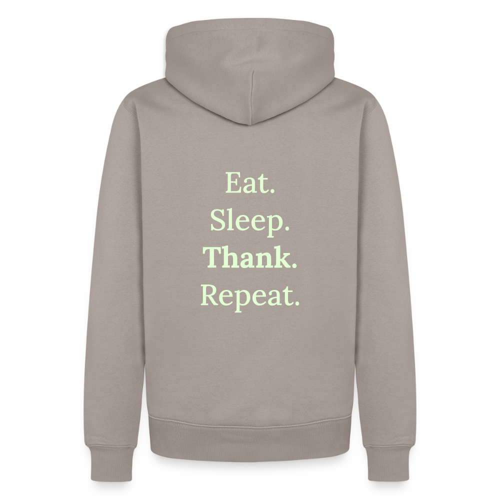 Design-Hoodie „Eat. Sleep. Thank. Repeat.“ für Herren aus Bio-Baumwolle, Farbe: beige - Dankfabrik.