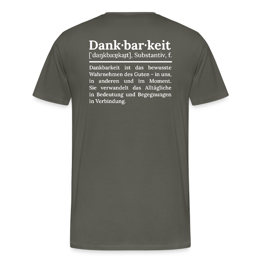 Design T-Shirt „Dankbarkeit“ für Herren aus Bio-Baumwolle, Farbe: dunkelgrün – Dankfabrik.