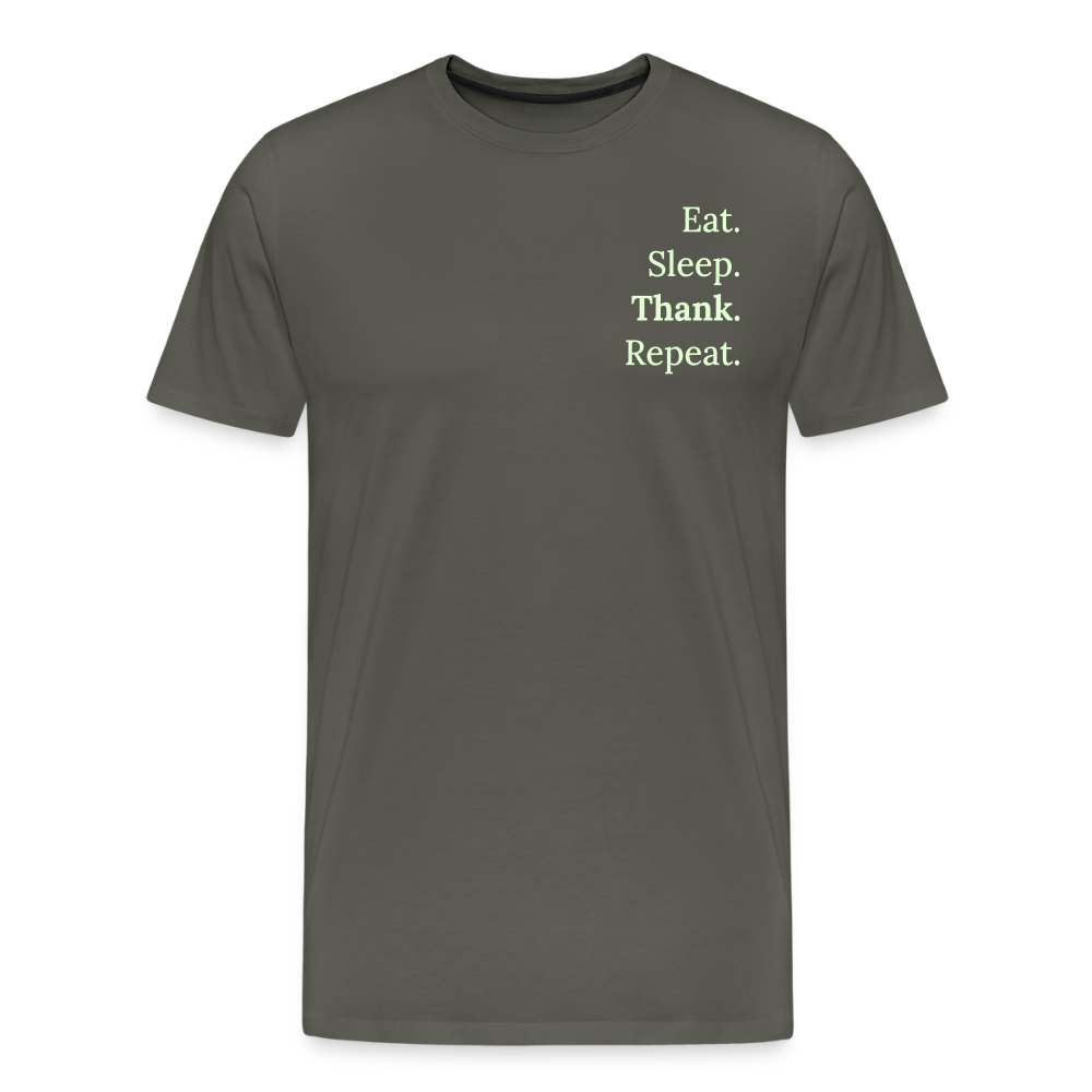 Design T-Shirt „Eat. Sleep. Thank. Repeat.“ für Herren aus Bio-Baumwolle, Farbe: grau - Dankfabrik.