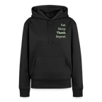 Design-Hoodie „Eat. Sleep. Thank. Repeat.“ für Damen aus Bio-Baumwolle, Farbe: schwarz - Dankfabrik.
