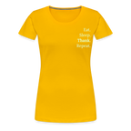 Design T-Shirt „Eat. Sleep. Thank. Repeat.“ für Damen aus Bio-Baumwolle, Farbe: gelb - Dankfabrik.