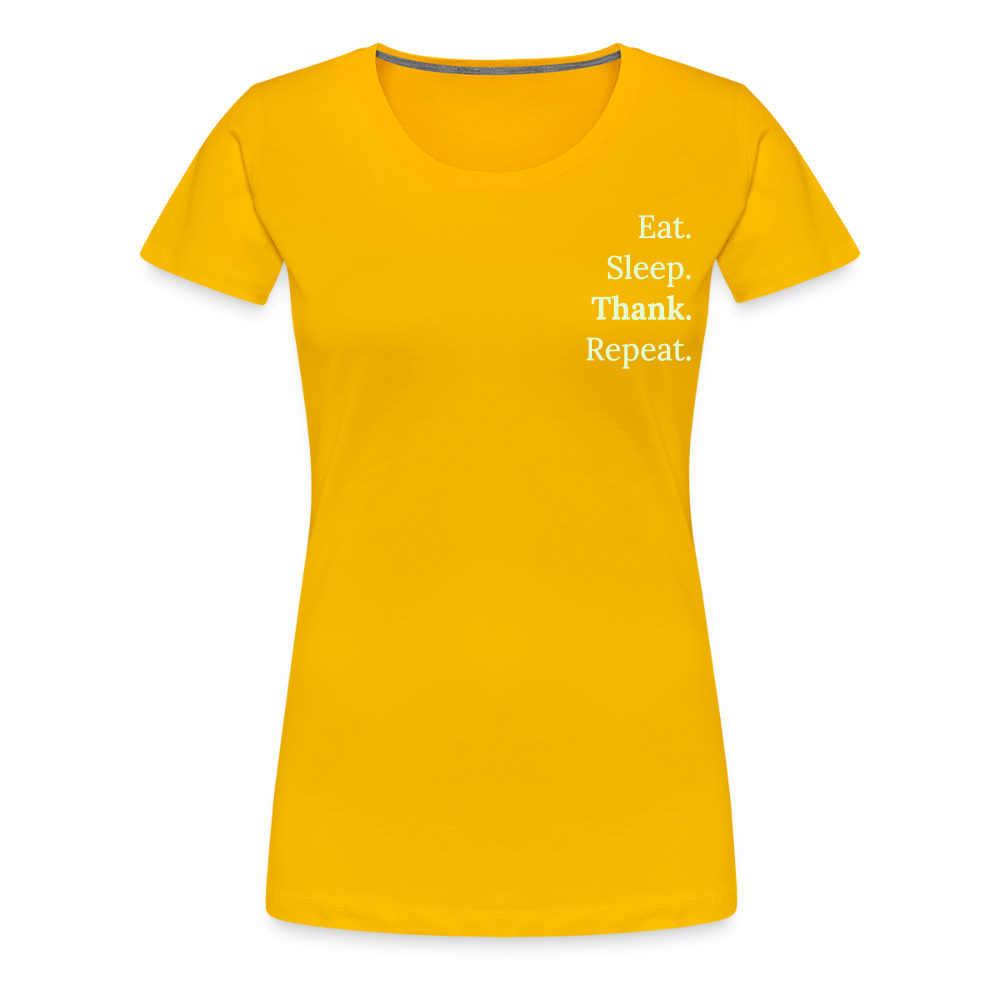 Design T-Shirt „Eat. Sleep. Thank. Repeat.“ für Damen aus Bio-Baumwolle, Farbe: gelb - Dankfabrik.