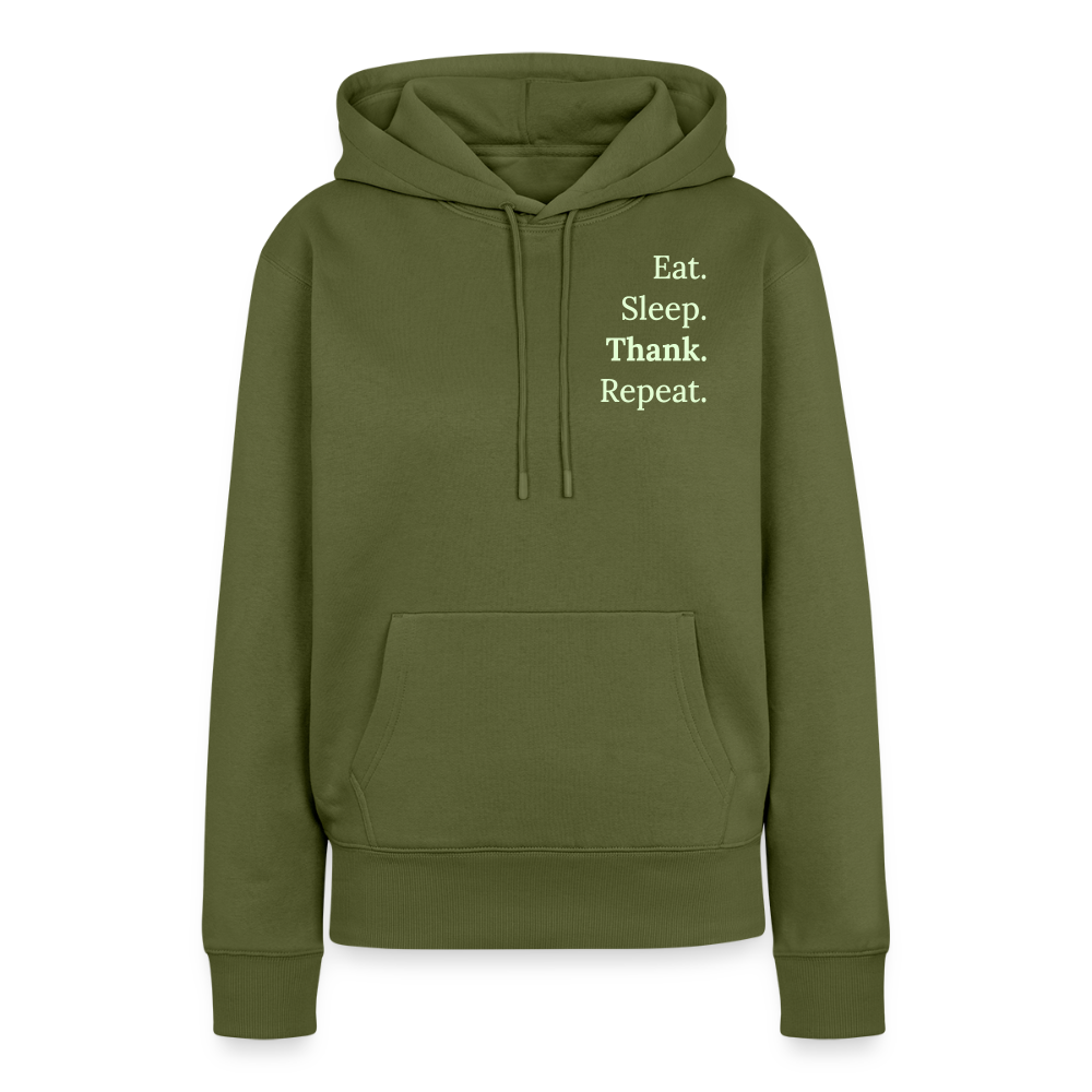 Design-Hoodie „Eat. Sleep. Thank. Repeat.“ für Damen aus Bio-Baumwolle, Farbe: khaki - Dankfabrik.