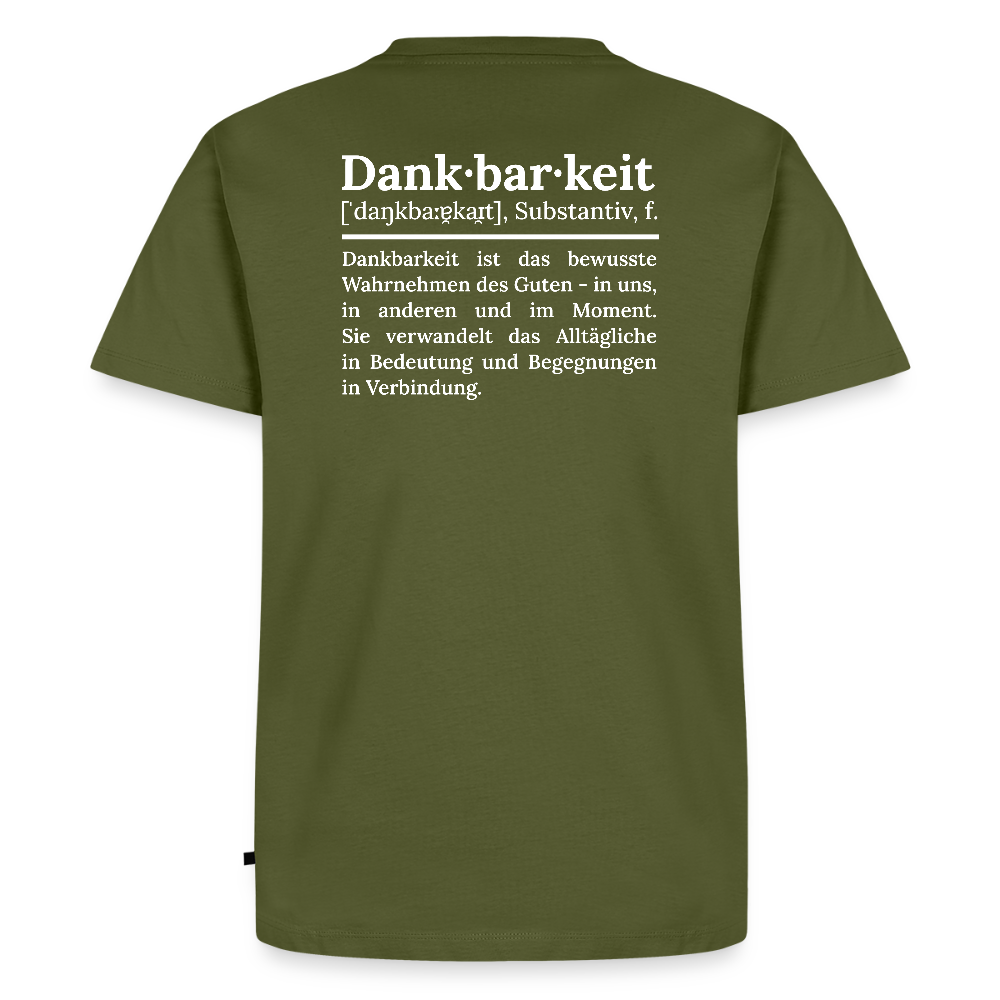 Design T-Shirt „Dankbarkeit“ für Herren aus Bio-Baumwolle, Farbe: khaki – Dankfabrik.