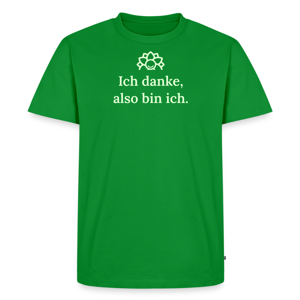 Design T-Shirt „Ich danke, also bin ich“ für Herren aus Bio-Baumwolle, leuchtende Farbe: grün – Dankfabrik.
