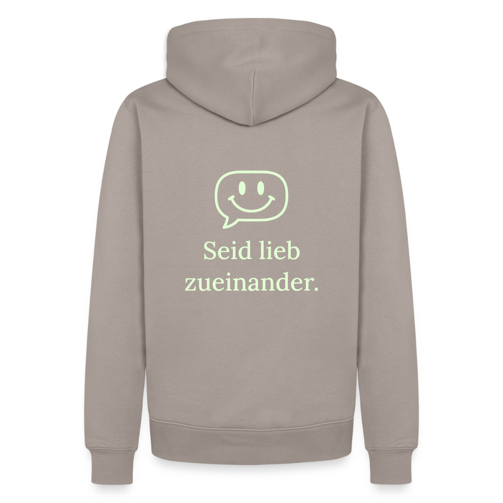 Design Hoodie „Seid lieb zueinander“ für Herren aus Bio-Baumwolle, Farbe: beige – Dankfabrik.