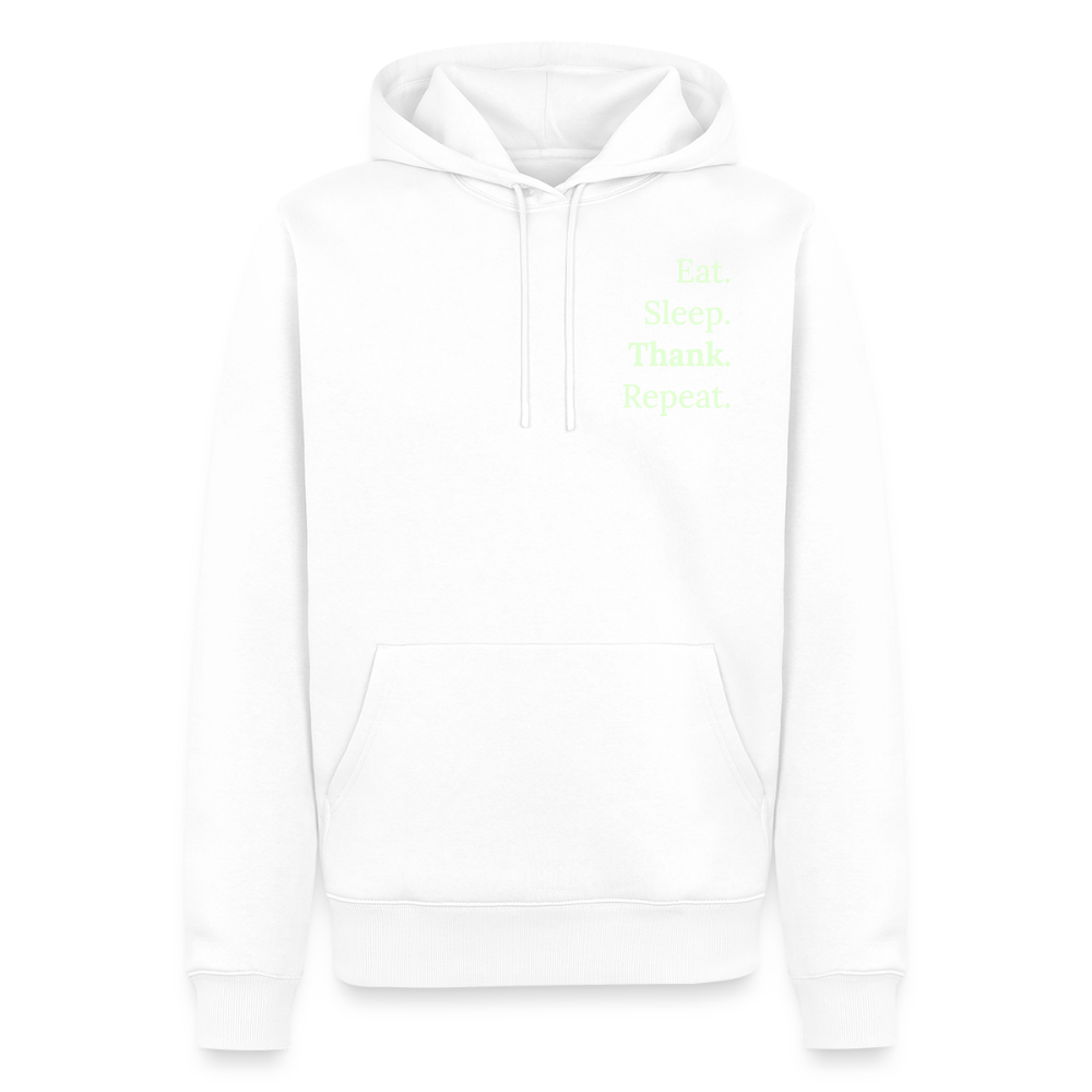 Design-Hoodie „Eat. Sleep. Thank. Repeat.“ für Herren aus Bio-Baumwolle, Farbe: weiß - Dankfabrik.