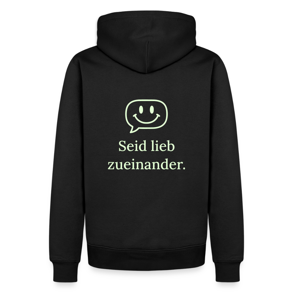 Design Hoodie „Seid lieb zueinander“ für Herren aus Bio-Baumwolle, Farbe: schwarz – Dankfabrik.