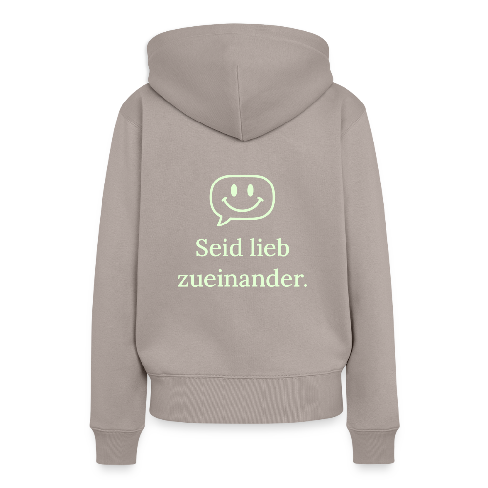 Design Hoodie „Seid lieb zueinander“ für Damen aus Bio-Baumwolle, Farbe: grau – Dankfabrik.