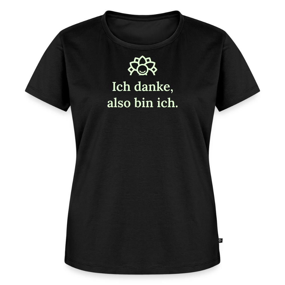 Design T-Shirt „Ich danke, also bin ich“ für Damen aus Bio-Baumwolle, leuchtende Farbe: schwarz – Dankfabrik.