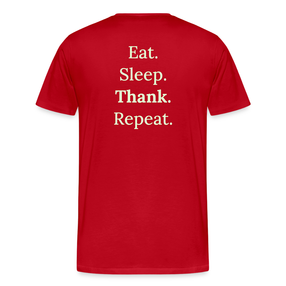 Design T-Shirt „Eat. Sleep. Thank. Repeat.“ für Herren aus Bio-Baumwolle, Farbe: rot - Dankfabrik.