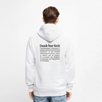 Getragener Design-Hoodie „Dankbarkeit“ für Herren aus Bio-Baumwolle, Farbe: weiß – Dankfabrik.