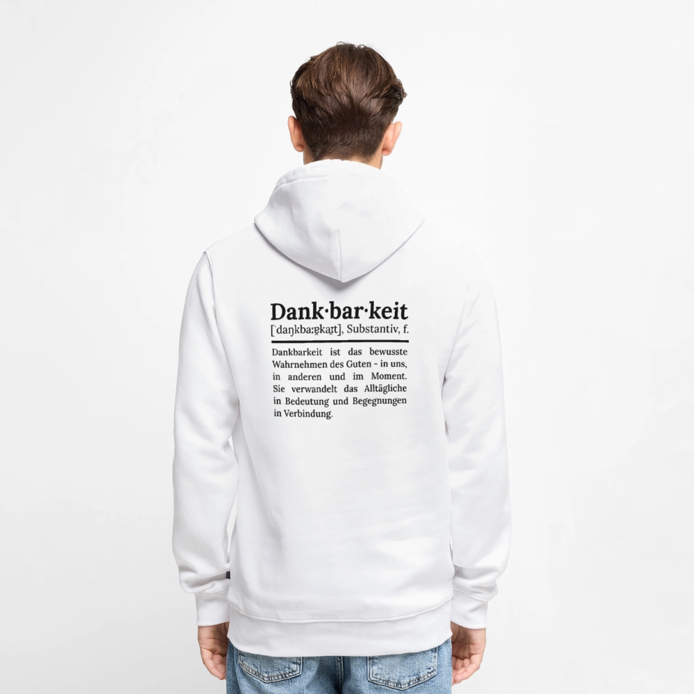 Getragener Design-Hoodie „Dankbarkeit“ für Herren aus Bio-Baumwolle, Farbe: weiß – Dankfabrik.