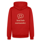 Design Hoodie „Seid lieb zueinander“ für Herren aus Bio-Baumwolle, Farbe: rot – Dankfabrik.