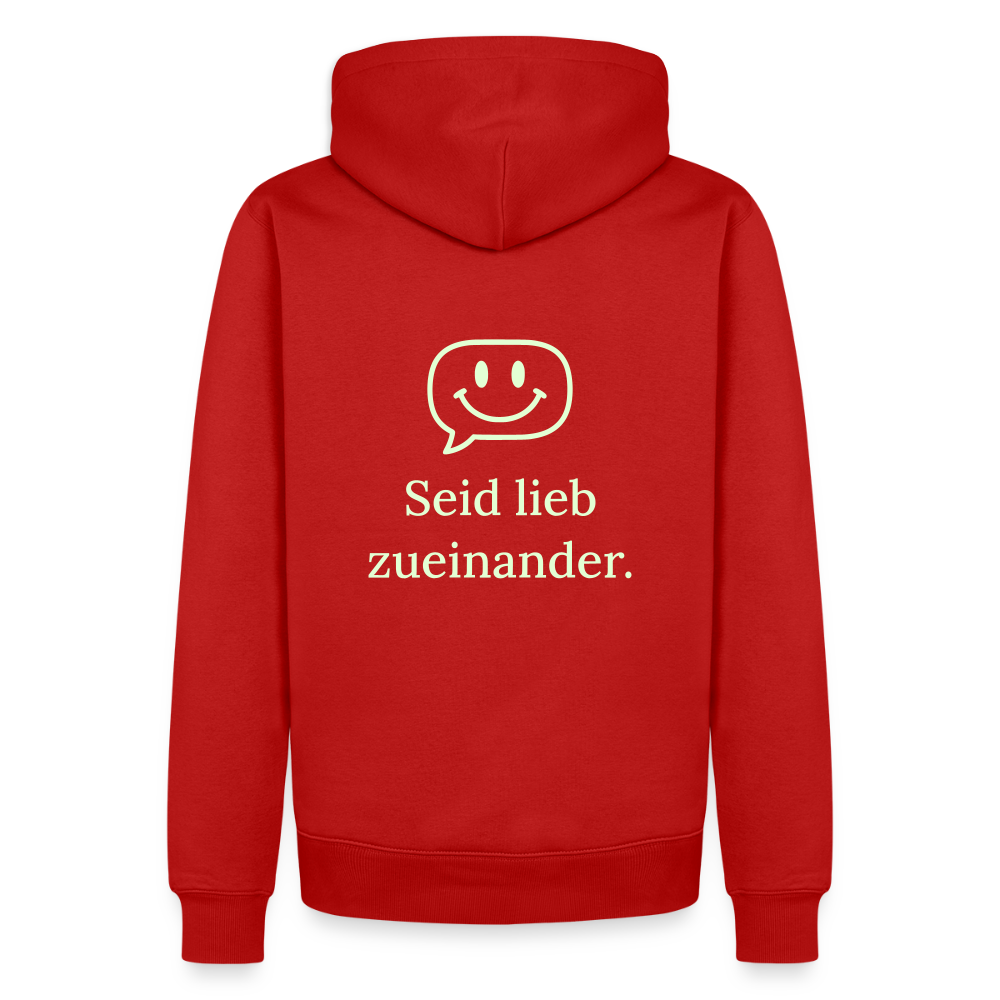 Design Hoodie „Seid lieb zueinander“ für Herren aus Bio-Baumwolle, Farbe: rot – Dankfabrik.