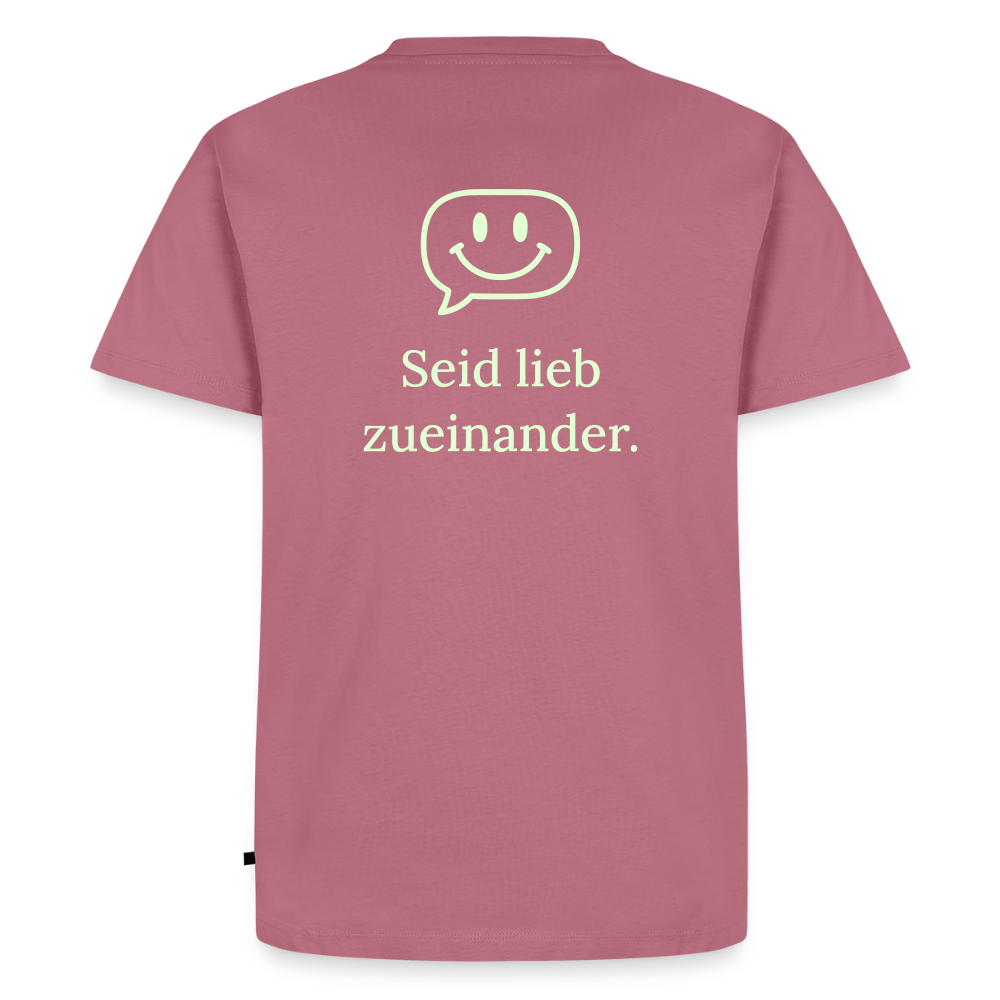 Design T-Shirt „Seid lieb zueinander“ für Herren aus Bio-Baumwolle, Farbe: rosa – Dankfabrik.