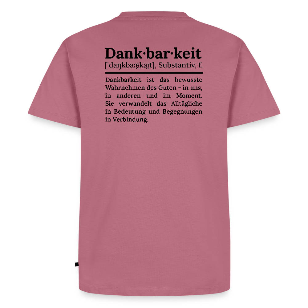 Design T-Shirt „Dankbarkeit“ für Herren aus Bio-Baumwolle, Farbe: rosa – Dankfabrik.