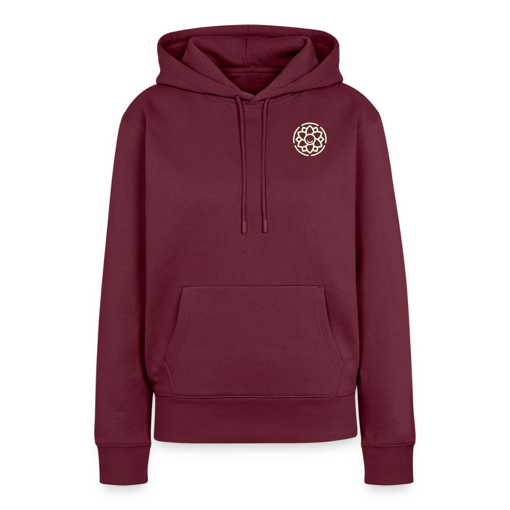 Design Hoodie „Seid lieb zueinander“ für Damen aus Bio-Baumwolle, Farbe: burgunderrot – Dankfabrik.