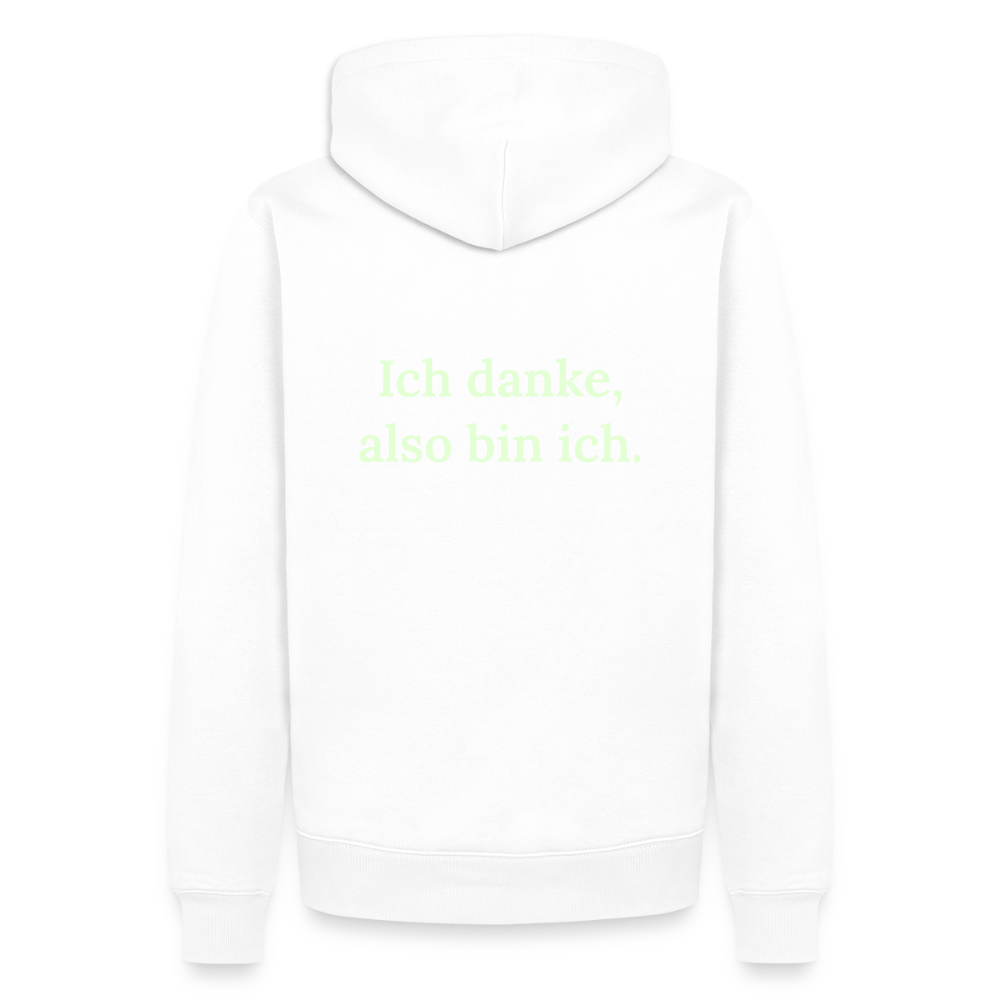 Design Hoodie „Ich danke, also bin ich“ für Herren aus Bio-Baumwolle, Farbe: weiß – Dankfabrik.