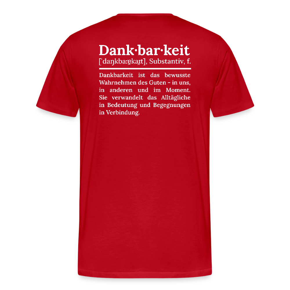 Design T-Shirt „Dankbarkeit“ für Herren aus Bio-Baumwolle, Farbe: rot – Dankfabrik.