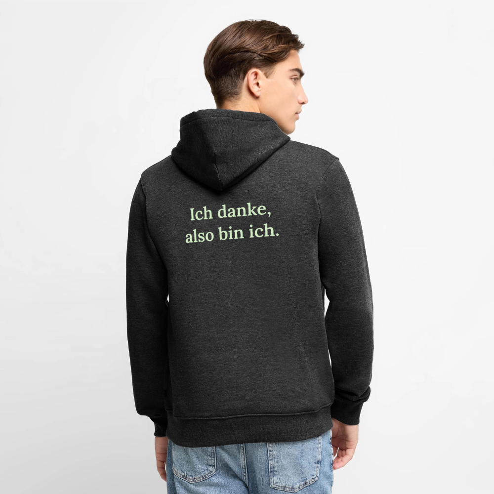 Getragener Design Hoodie „Ich danke, also bin ich“ für Herren aus Bio-Baumwolle, Farbe: anthrazit – Dankfabrik.