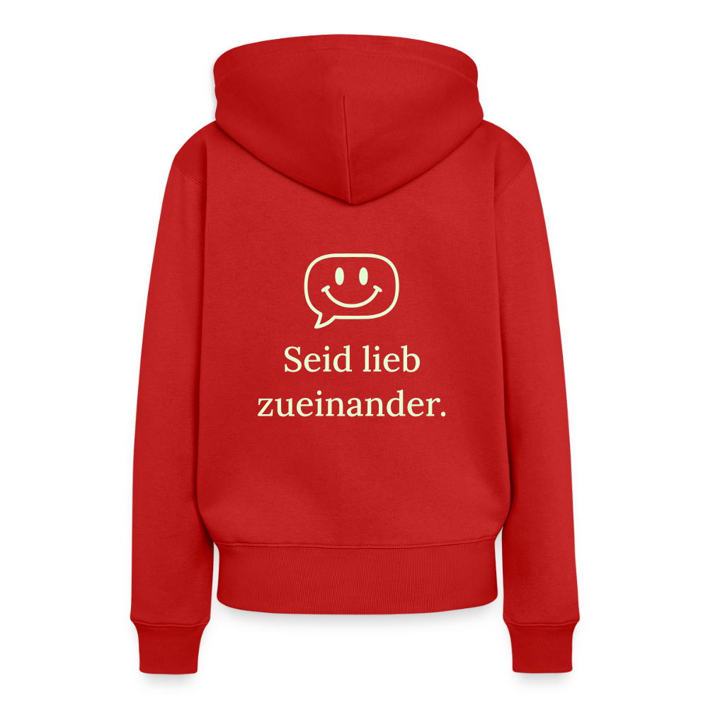 Design Hoodie „Seid lieb zueinander“ für Damen aus Bio-Baumwolle, Farbe: rot – Dankfabrik.