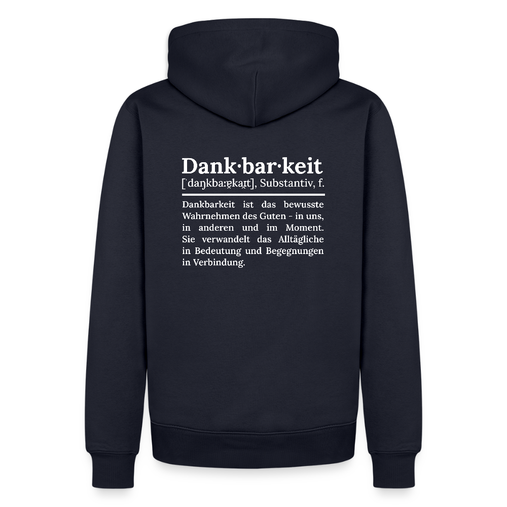 Design-Hoodie „Dankbarkeit“ für Herren aus Bio-Baumwolle, Farbe: navi-blau – Dankfabrik.