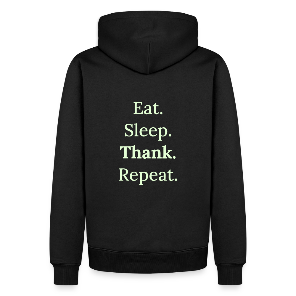Design-Hoodie „Eat. Sleep. Thank. Repeat.“ für Herren aus Bio-Baumwolle, Farbe: schwarz - Dankfabrik.