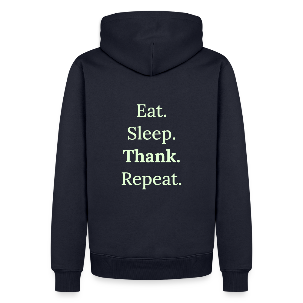 Design-Hoodie „Eat. Sleep. Thank. Repeat.“ für Herren aus Bio-Baumwolle, Farbe: navy-blau - Dankfabrik.