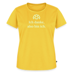 Design T-Shirt „Ich danke, also bin ich“ für Damen aus Bio-Baumwolle, leuchtende Farbe: gelb – Dankfabrik.