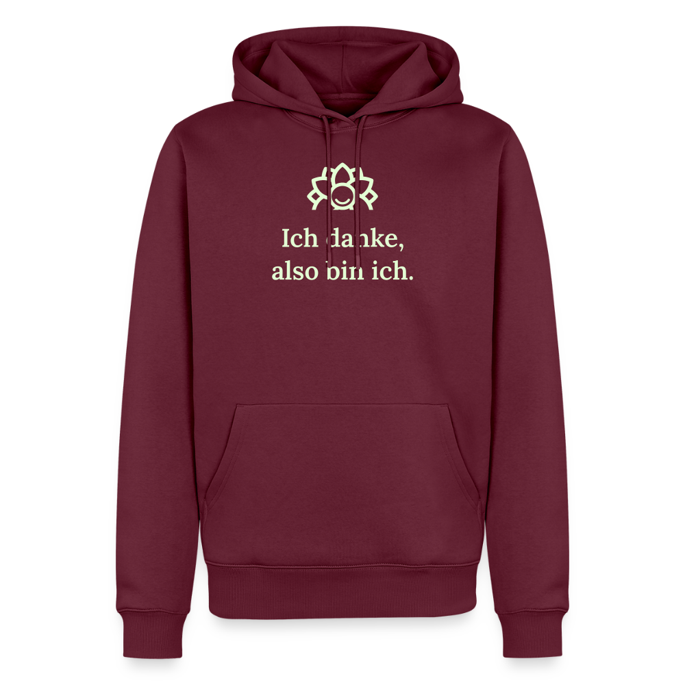 Design Hoodie „Ich danke, also bin ich“ für Herren aus Bio-Baumwolle, leuchtende Farbe: burgunderrot – Dankfabrik.