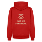 Design Hoodie „Seid lieb zueinander“ für Herren aus Bio-Baumwolle, Farbe: rot – Dankfabrik.