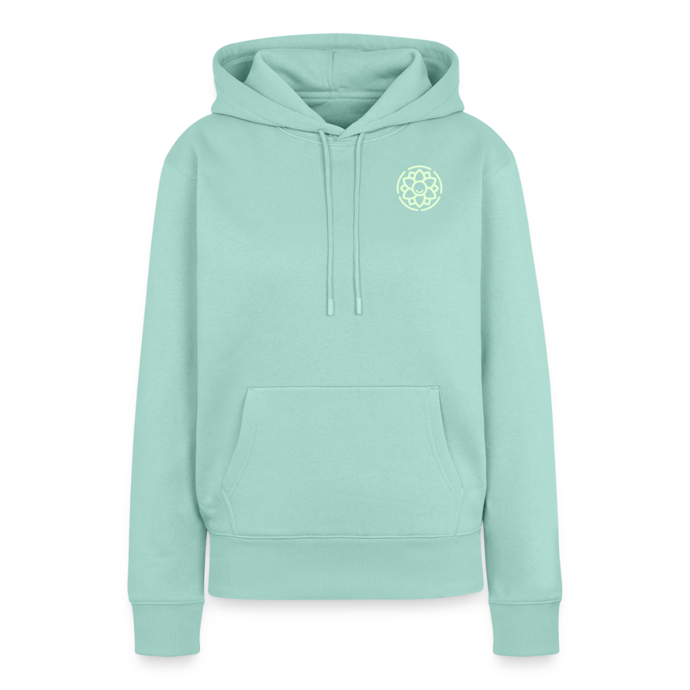 Design-Hoodie „Ich danke, also bin ich“ für Damen aus Bio-Baumwolle, Farbe: türkis – Dankfabrik.