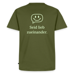Design T-Shirt „Seid lieb zueinander“ für Herren aus Bio-Baumwolle, Farbe: khaki - Dankfabrik.