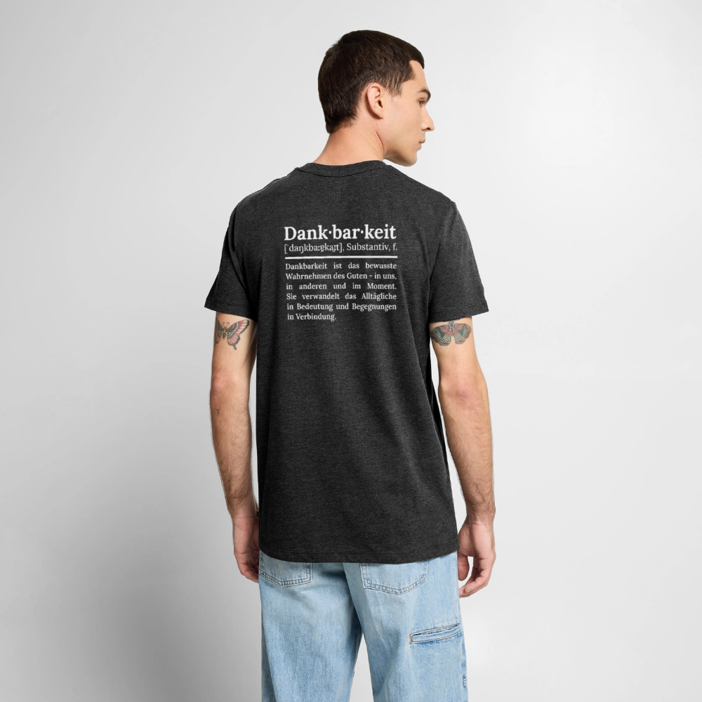 Getragener Design T-Shirt „Dankbarkeit“ für Herren aus Bio-Baumwolle, Farbe: anthrazit – Dankfabrik.