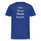 Design T-Shirt „Eat. Sleep. Thank. Repeat.“ für Herren aus Bio-Baumwolle, Farbe: blau - Dankfabrik.