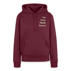 Design-Hoodie „Eat. Sleep. Thank. Repeat.“ für Damen aus Bio-Baumwolle, Farbe: burgunderrot - Dankfabrik.
