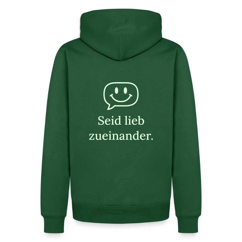 Design Hoodie „Seid lieb zueinander“ für Herren aus Bio-Baumwolle, Farbe: grün – Dankfabrik.