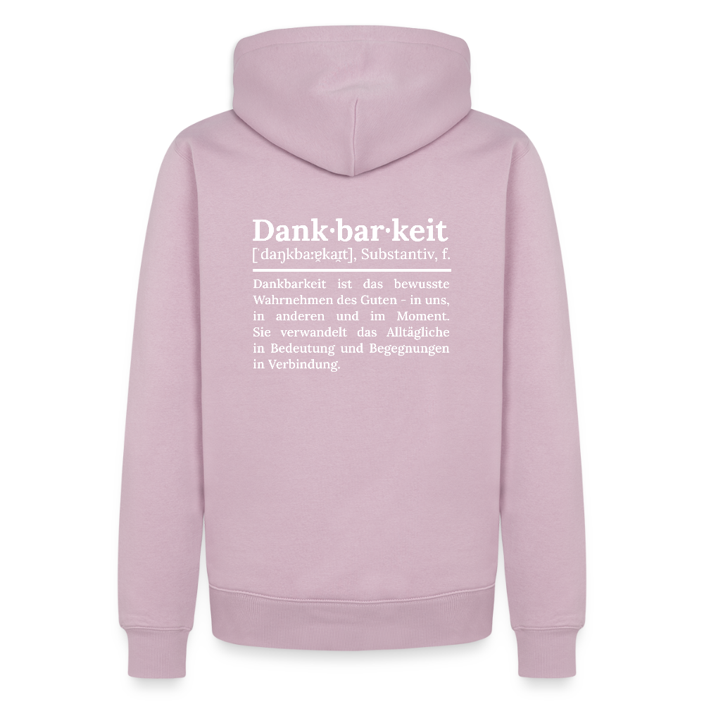 Design-Hoodie „Dankbarkeit“ für Herren aus Bio-Baumwolle, Farbe: rosa – Dankfabrik.