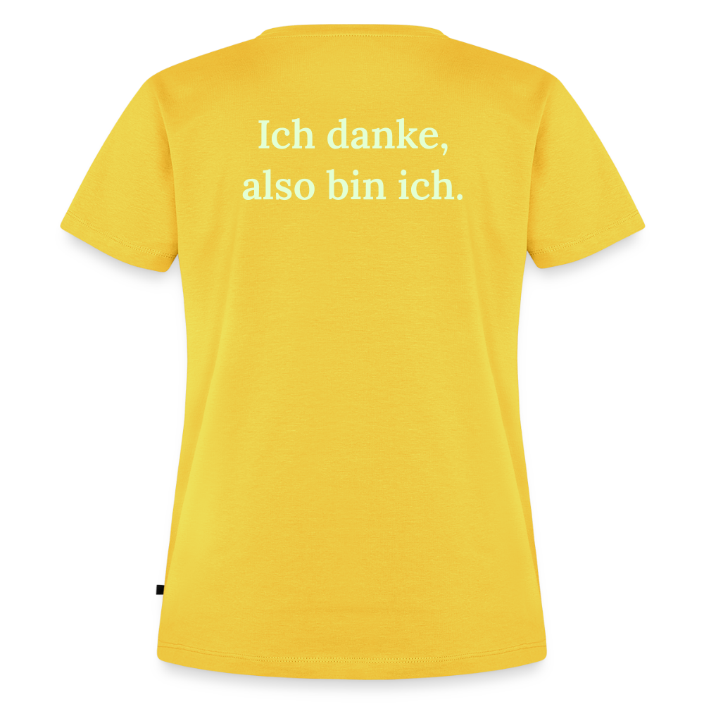 Design T-Shirt „Ich danke, also bin ich“ für Damen aus Bio-Baumwolle, Farbe: gelb  – Dankfabrik.