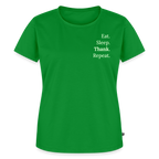 Design T-Shirt „Eat. Sleep. Thank. Repeat.“ für Damen aus Bio-Baumwolle, Farbe: grün - Dankfabrik.