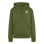 Design Hoodie „Seid lieb zueinander“ für Damen aus Bio-Baumwolle, Farbe: khaki – Dankfabrik.