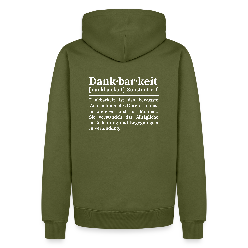 Design-Hoodie „Dankbarkeit“ für Herren aus Bio-Baumwolle, Farbe: khaki – Dankfabrik.